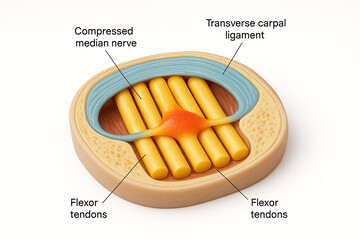 Anatomical illustration of the human wrist showing carpal tunnel syndrome, with labels for flexor tendons, compressed median nerve, and transverse carpal ligament.