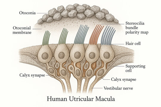 Detailed illustration of the human utricular macula, depicting hair cells, otoconia, and vestibular nerve structures crucial for balance and spatial orientation.