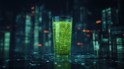 Glowing green liquid with circuit board pattern in a glass futuristic cityscape background
