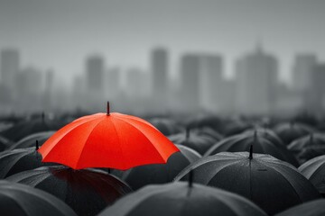 Be unique and stand out from the crowd with a vibrant red umbrella amidst a sea of monochrome umbrellas during a rainy day in the city