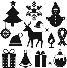 10 item set for celebrate Christmas silhouette black icon