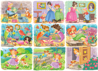 Three fairy tales. Cinderella. Mermaid. The Frog Prince. Set of cute and funny illustrations. Coloring page
