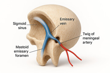 Anatomical illustration of the sigmoid sinus, mastoid emissary foramen, emissary vein, and meningeal artery twig