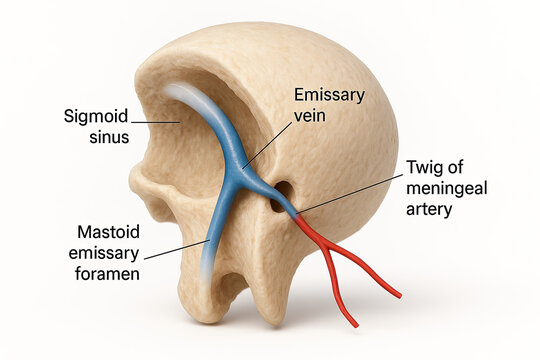 Anatomical illustration of the sigmoid sinus, mastoid emissary foramen, emissary vein, and meningeal artery twig
