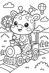 Adorable giraffe driving a train through an amusement park in a vector design