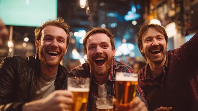 Cheers to Brotherhood: A trio of joyful friends, their faces alight with mirth and camaraderie, raise glasses of beer in a warmly lit pub.