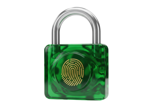 Isolated green translucent padlock with golden fingerprint icon representing digital security and data protection for privacy and access control