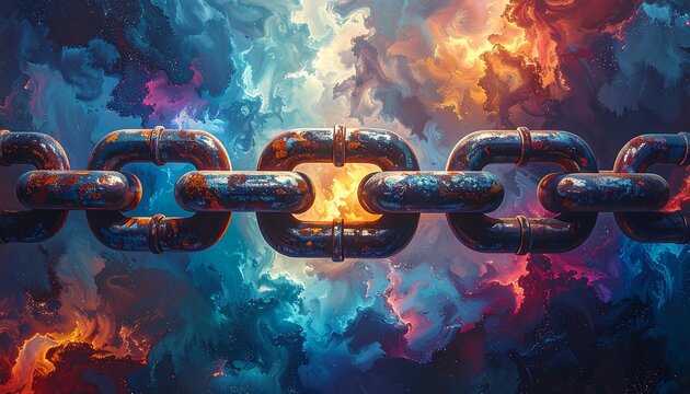 Rusty chain amidst vibrant clouds