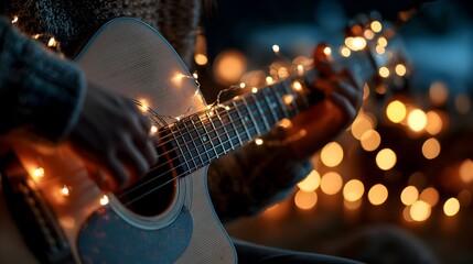 Fototapeta premium Young musician plays guitar decorated with warm glowing st lights in an atmospheric dark environment.