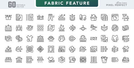 Fabric Feature line icon set. Contains icons waterproof, breathable, elastic, antistatic, knitting, Eco-friendly, insulation, antibacterial, softness line icon pack. Editable stroke icons.