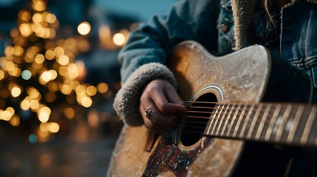 A musician plays their guitar in front of festive holiday lights in a relaxed outdoor setting beautifully.