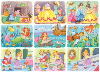 Three fairy tales. Cinderella. Mermaid. The Frog Prince. Set of cute and funny illustrations. Coloring page