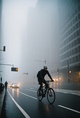 Photo Cyclist riding through foggy morning Metropolis