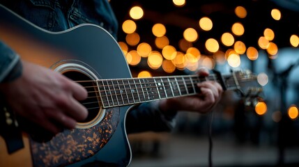 Fototapeta premium Close up of a guitarist playing an acoustic guitar with blurred lights in background creating a warm mood.
