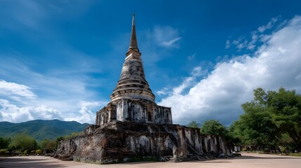 Fototapeta premium An ancient weathered Buddhist stupa stands tall against a vibrant blue sky with scattered clouds