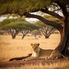 Lioness resting under acacia tree in African savannah