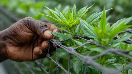 A dark skinned person gently touches green leafy plants growing through a supporting netting outdoors today.