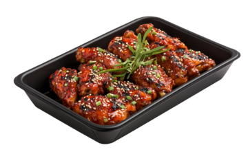 Juicy chicken wings in Korean spicy marinade isolated on transparent background