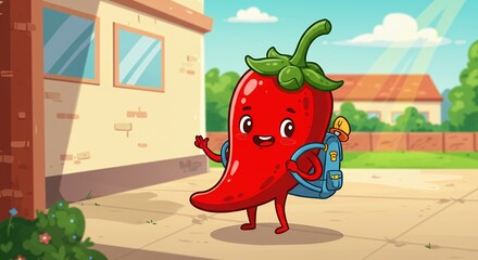 Animated red chili pepper character with backpack outside of building on pavement