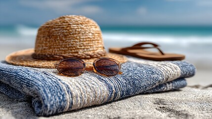 Straw hat, sunglasses, and a blue striped beach towel are placed on the sand near the beautiful ocean.