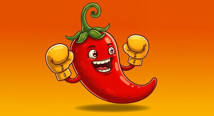 Cartoon chili pepper character with boxing gloves smiling against orange gradient background