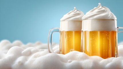 Two mugs of refreshing beer with foamy white heads sit amidst a sea of billowing, snowy foam background.