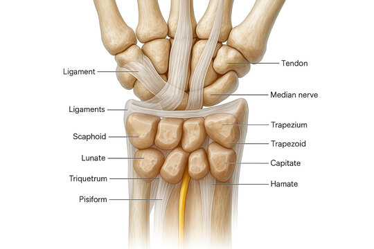 Detailed anatomical illustration of the human wrist, showing bones, ligaments, tendons, and the median nerve.
