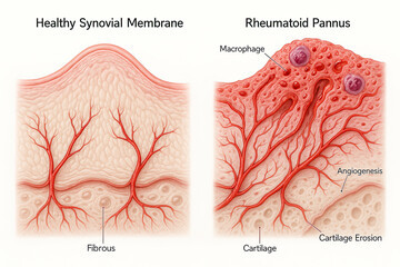 Medical illustration comparing a healthy synovial membrane to rheumatoid pannus, highlighting cartilage erosion and angiogenesis.