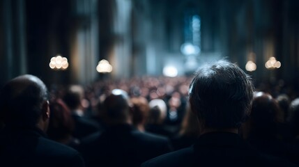 Naklejka premium Back view of a solemn congregation attending an event in a grand dimly lit cathedral with soft background lights