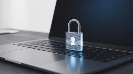 Transparent padlock rests on laptop keyboard, representing digital security and data protection, highlighting importance of cybersecurity in contemporary workspaces