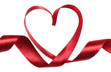 Elegant red ribbon twisted into a romantic heart symbol, isolated on transparent cutout background