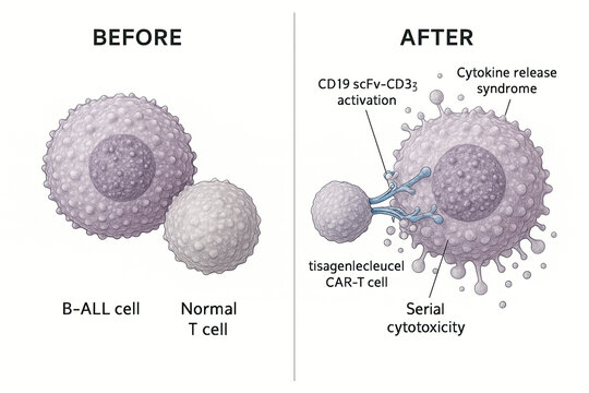 Illustration of B-ALL cell and Normal T cell before and after CAR-T cell therapy