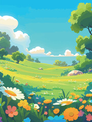 Naklejka premium A beautiful spring meadow showcases a variety of colorful flowers and lush green trees. The clear blue sky adds to the picturesque scenery, creating a peaceful landscape.