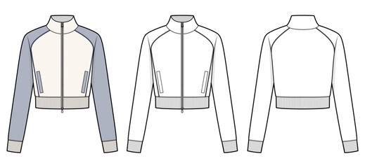 Unisex Cropped Zip-Up Track Jacket Technical Fashion Illustration. Raglan Sleeve Jacket with Ribbed Hem. White Body with Light Gray-Blue Contrast Sleeves and Solid White Version. CAD Mockup Set.