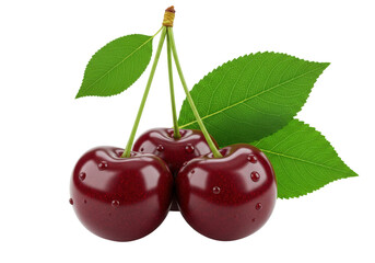 Isolated three fresh red cherries with green leaves and water droplets ripe sweet fruit healthy snack summer harvest delicious juicy berries