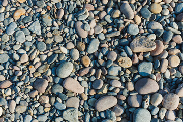 Smooth stones covering a tranquil beach on a sunny day, inviting exploration and relaxation by the shoreline