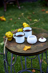 Two white enamel mugs with hot tea on a rustic wooden table in the garden, decorated with quince fruits, candle holder, and autumn leaves. Cozy outdoor autumn atmosphere, perfect for relaxation