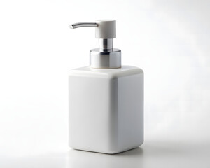 Obraz premium Minimalist White Soap Dispenser with Chrome Pump on a White Background for Hygiene