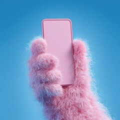 Fuzzy Pink Hand Holding Mobile Phone Against Light Blue Background Modern Creative Technology Interface