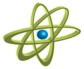 Stylized green atomic orbital symbol and blue nucleus isolated on white background