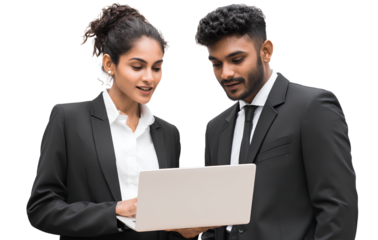 photograph of two business people holding a laptop. an indian man and woman in suits are looking at the screen together