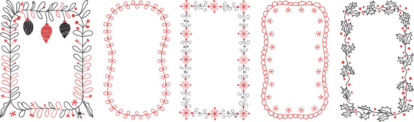 Christmas decorative borders with holly leaves, snowflakes, ornaments, festive red and black frames, holiday greeting card template, seasonal decorative frame design