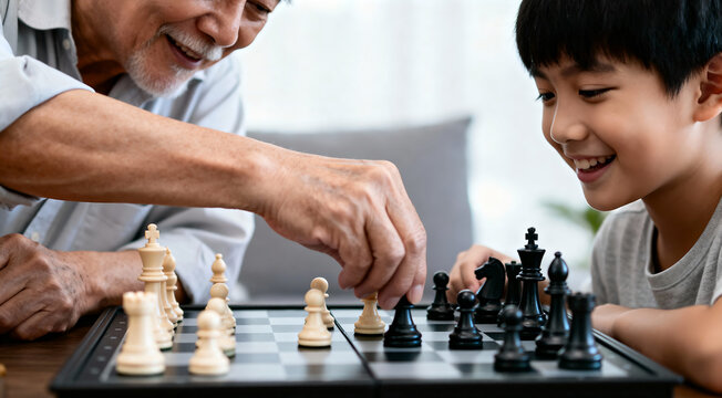 Happy Asian grandfather teaching his smiling grandson how to play chess, enjoying a moment of family bonding at home