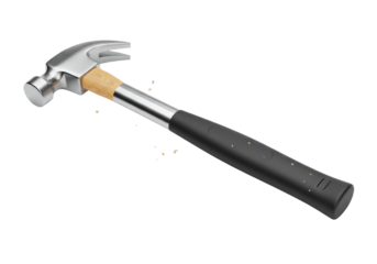 Isolated metal claw hammer with a wooden handle and black rubber grip essential hand tool for construction carpentry and home renovation projects