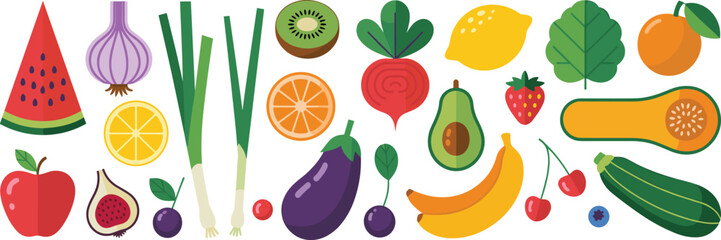 Colorful fruits and vegetables illustration with watermelon, apple, banana, orange, kiwi, avocado, onion, zucchini, healthy food nutrition design