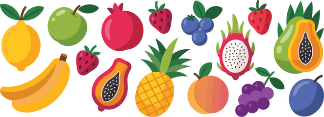 Fresh tropical fruits illustration with pineapple, mango, papaya, banana, strawberry, blueberry, dragon fruit, grape, healthy organic nutrition design