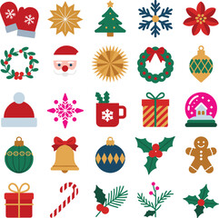 Christmas icons collection with Santa, snowflakes, Christmas tree, wreath, mittens, gifts, holly leaves, ornaments, bells, festive holiday decorations