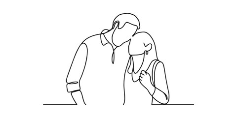Minimalist one line drawing of a couple embracing in love and intimacy, symbolizing relationship, affection, closeness, and emotional connection, support, romance, family, and togetherness.