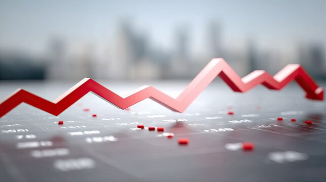 Red Arrow Depicting Financial Crisis Chart on a Dark Surface with a Blurred Cityscape Background