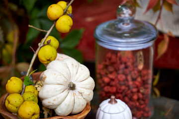 Cozy autumn still life in a garden with rustic table, pumpkins, quinces, glass jar, and warm seasonal decor. Outdoor fall atmosphere with natural colors, homely comfort, and countryside charm, perfect